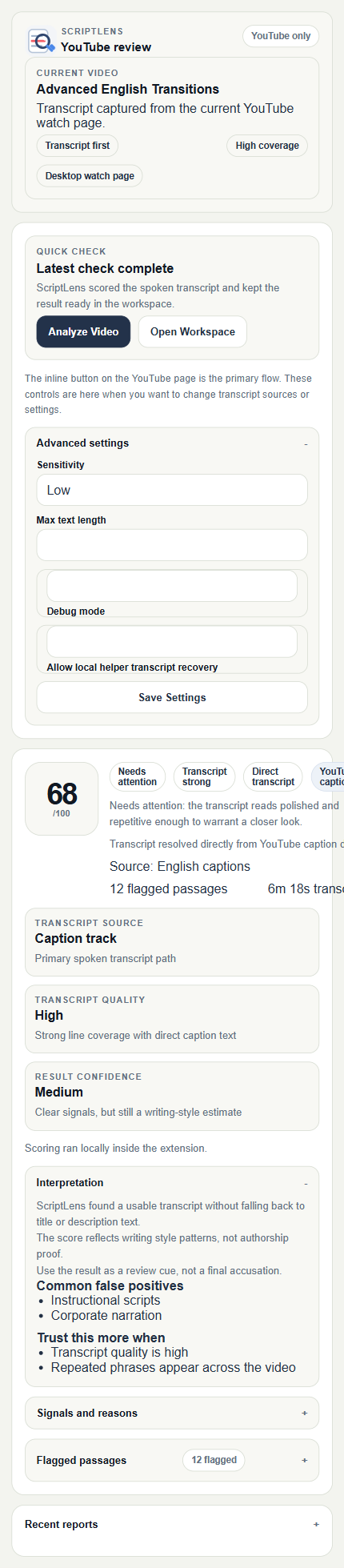 ScriptLens toolbar popup with quick transcript review controls.